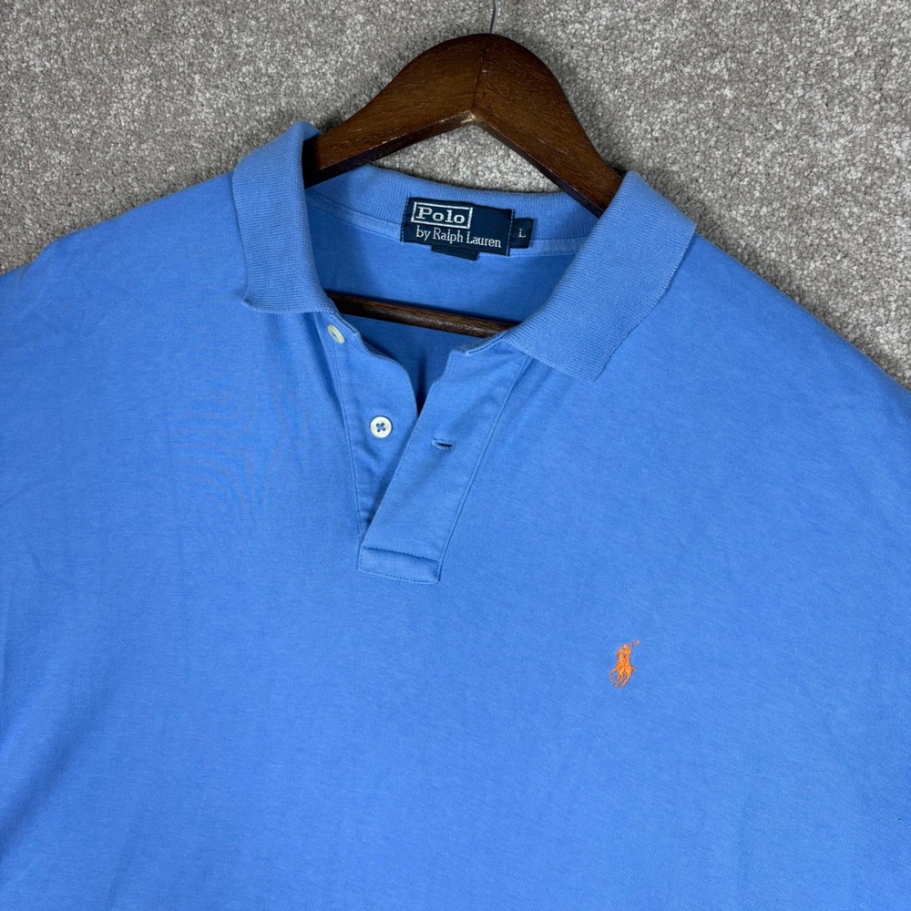 Polo Ralph Lauren Mens Blue Cotton Short Sleeve Polo Shirt Orange Pony Size L